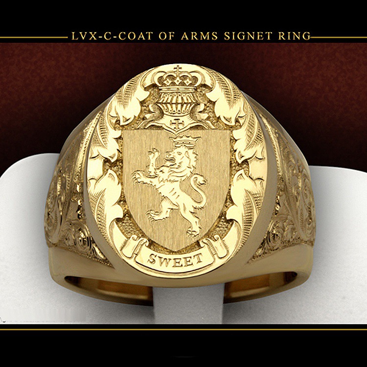 Unisex popular crown lion shield emblem ring gold plated royal seal men's ring