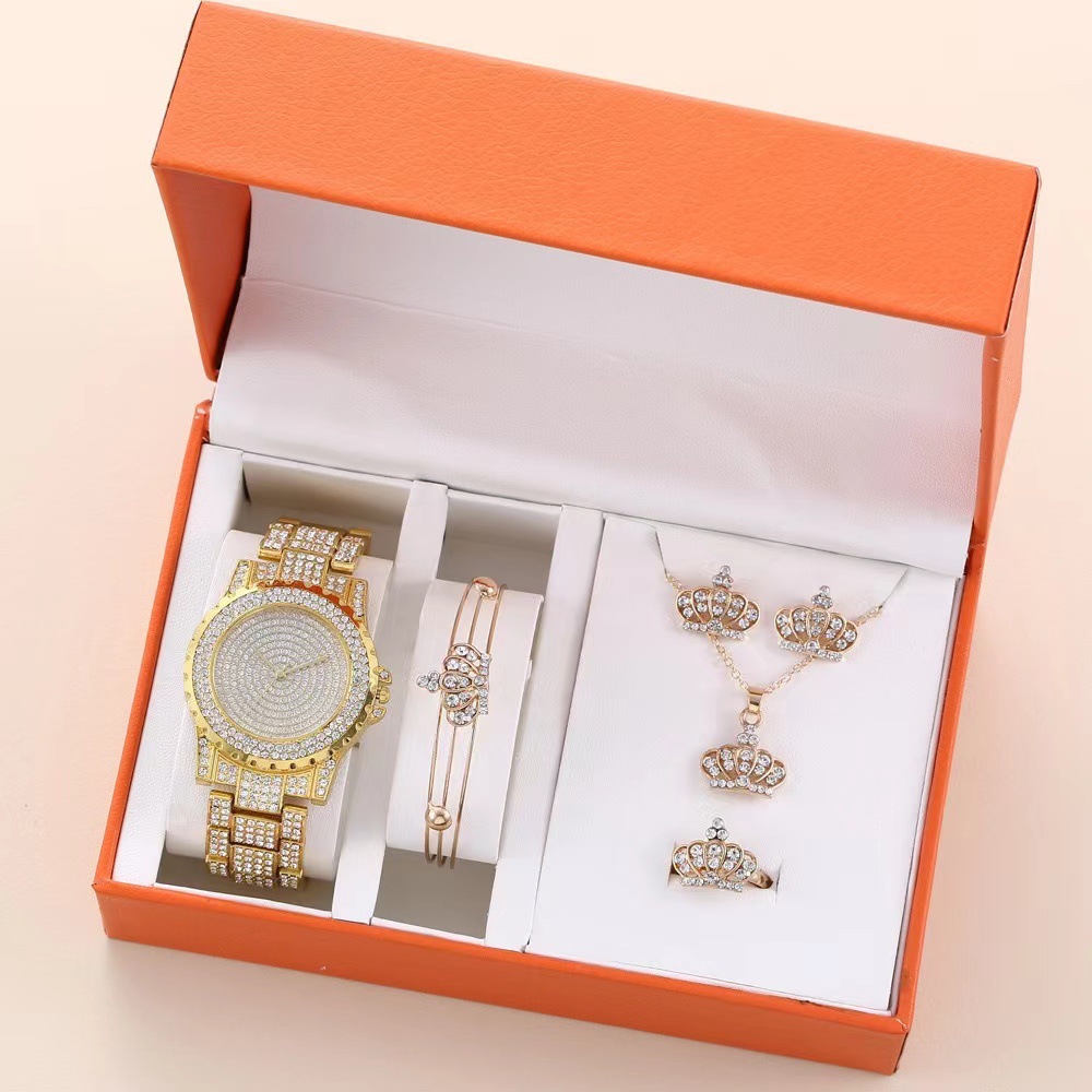 New five-piece Diamond-embedded luxury full diamond all-match crown five-piece gift box Women's Gift watch quartz watch