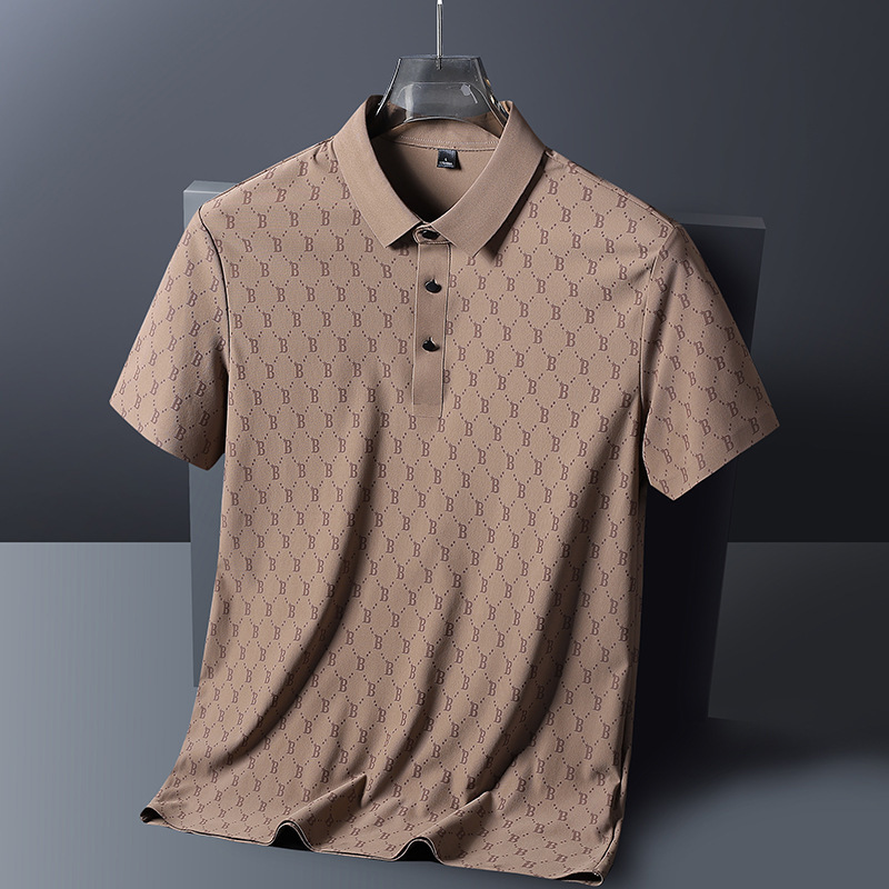 Men's Summer ice silk polo shirt short-sleeved t-shirt men's lapel t-shirt young and middle-aged elastic light mature casual polo shirt men's clothing