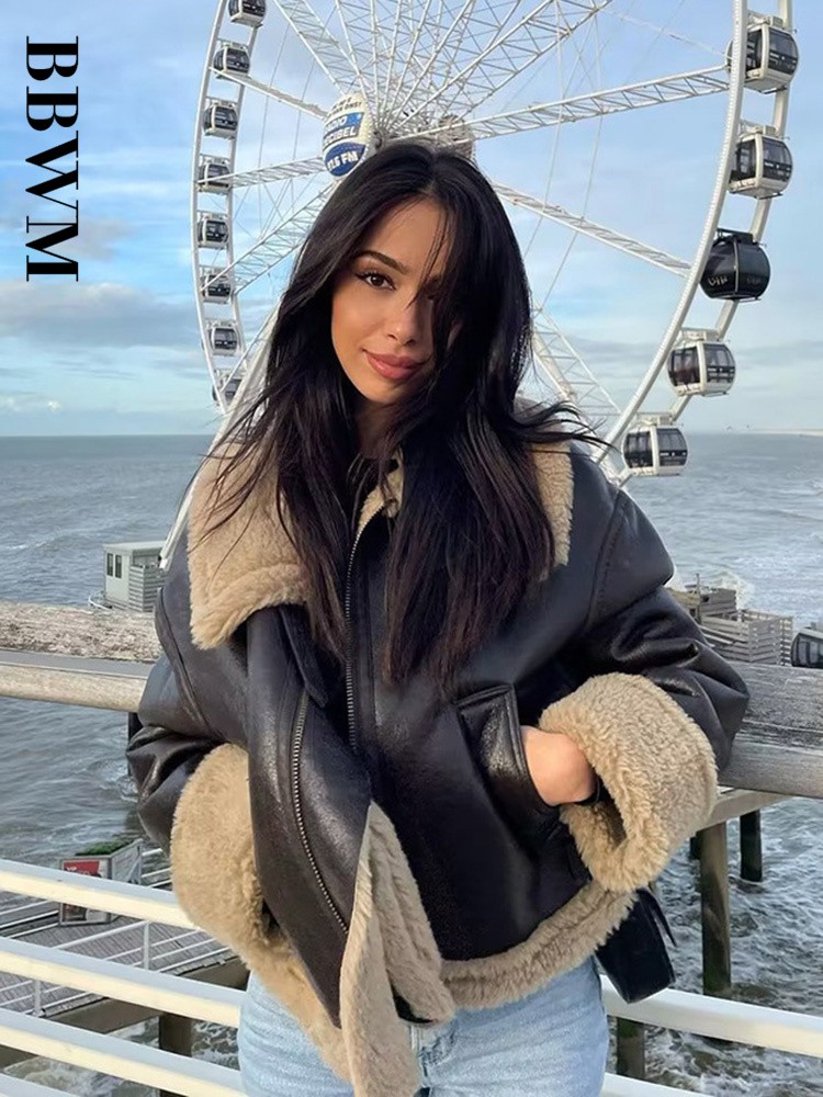 2022 Winter New Coat Women Double Sided Short Jacket Vintage Long Sleeve Fleece Warm Outerwear Female Fashion Streetwear