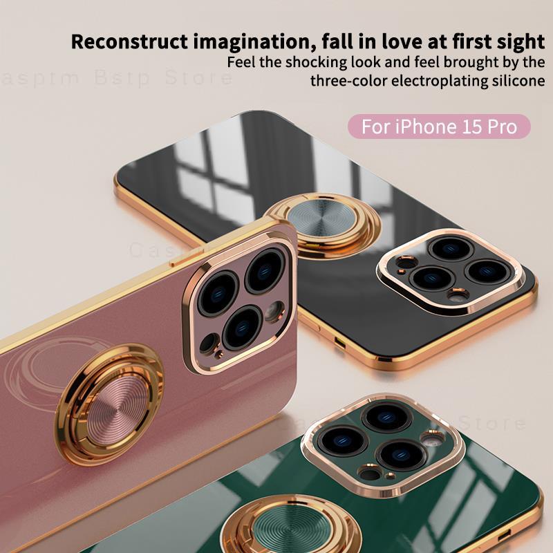 For iPhone 15 Pro Max Case For iPhone 14 13 12 11 Por Max 15 Plus 14 Plus Cover Electroplated Silicone Ring Holder