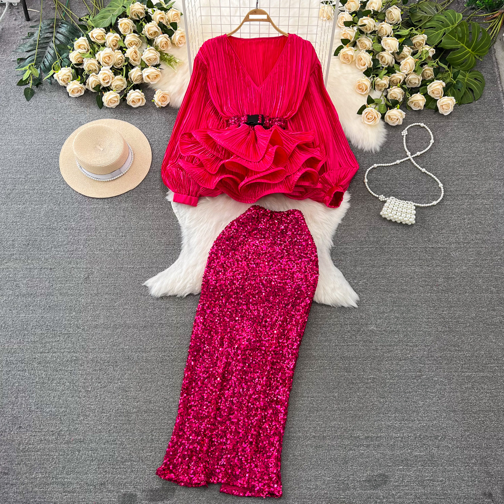 Damenmode-Set, weibliche Persönlichkeit, Temperament, Laterne, Langarm, V-Ausschnitt, Lotusblatt, helles Gesicht, Hemd, hohe Taille, Paillettenrock für Damen