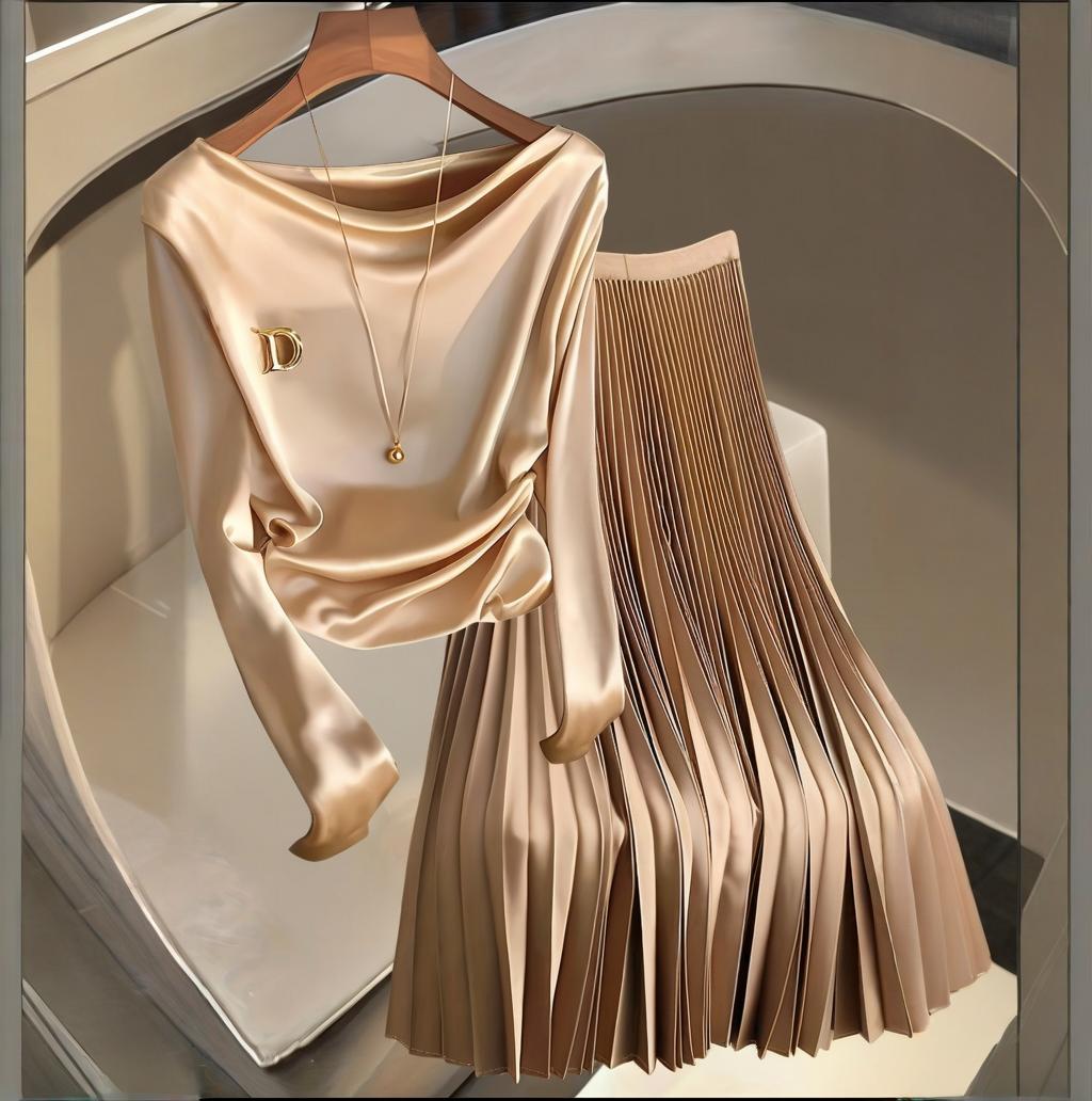 Chanel Style Champagne Satin Long-sleeved Shirt And Skirt Suit For Women
