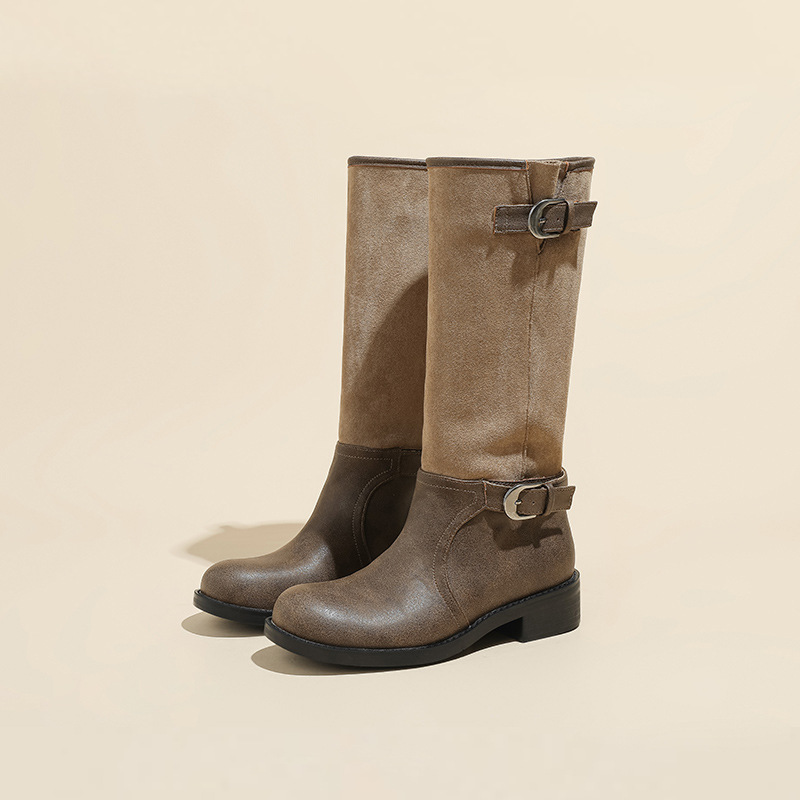 Women's Shoes Retro Wide Tube Knight Boots Women's Flat Boots Large Tube High Boots Western Boots Pile Boots