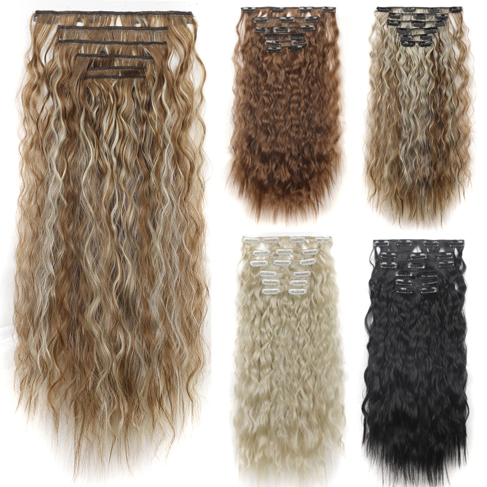 Wig clip hair extensions, chemical fiber high temperature wire long straight hair seamless wig, 16 card clip hair six-piece set
