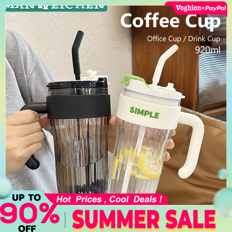 920ml Large Capacity Plastic Water Cup Striped Transparent Straw Coffee Cup High Temperature Resistant Water Bottle With Handle