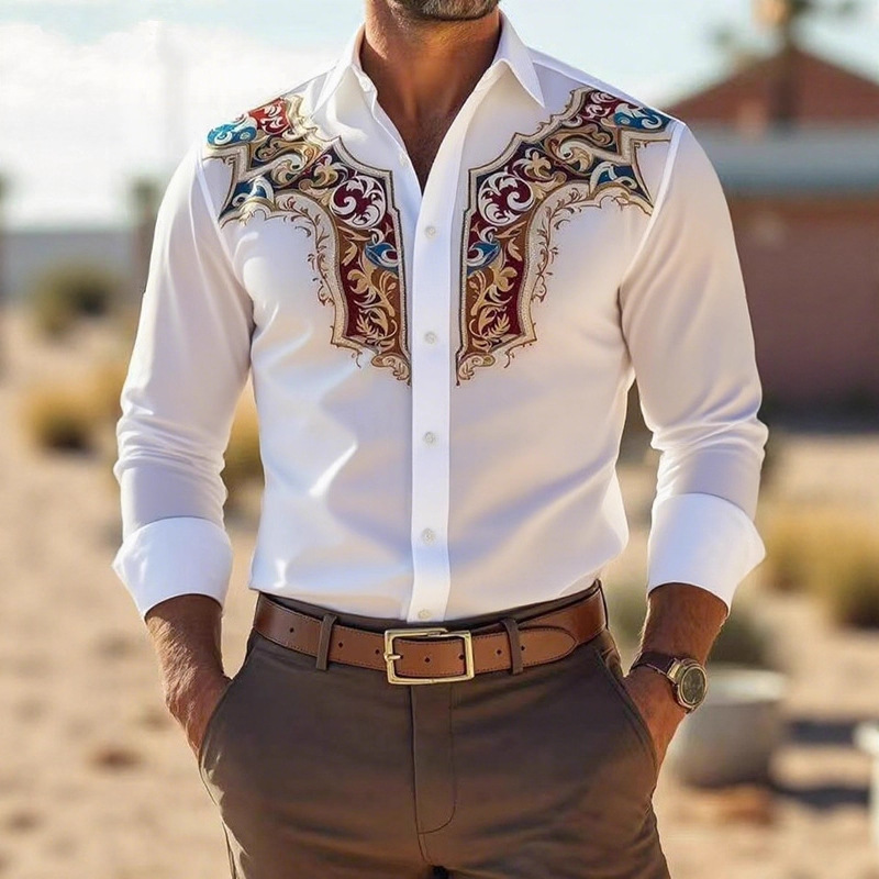 Herrenmode Hemd Amerikanischer Westernstil Lose Druck Business Casual Langarmhemd Männer