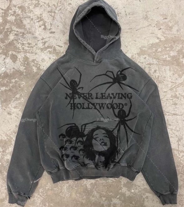 2023 Gothic Spider Print Autumn/Winter Plush American Hoodie Pullover Y2K Sweater