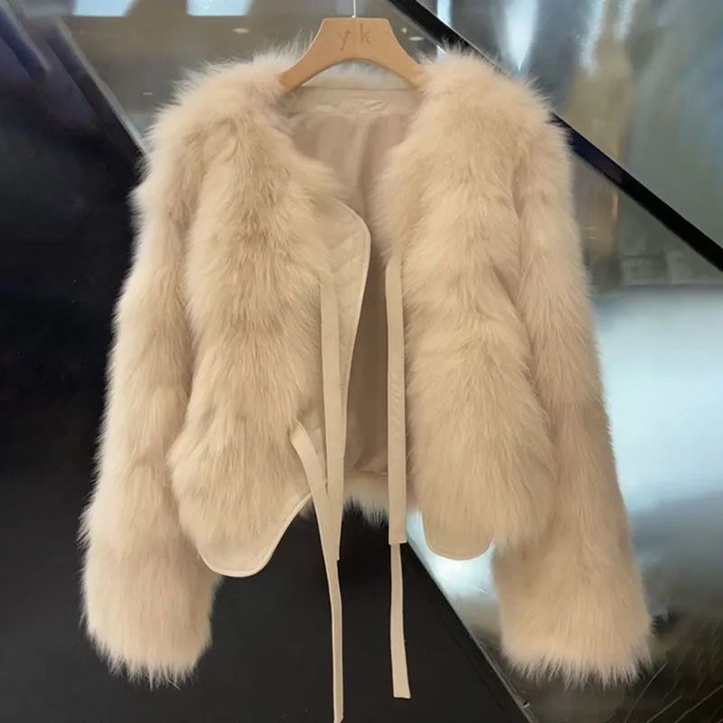 Women's clothing imitation fox fur coat for women, age-reducing temperament, short versatile lace-up thick top