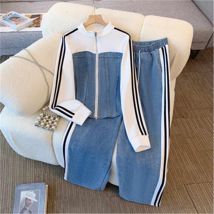 Women's Clothing Contrast color zipper two piece top wide leg pants suit large size fat mm sports leisure slim two piece suit