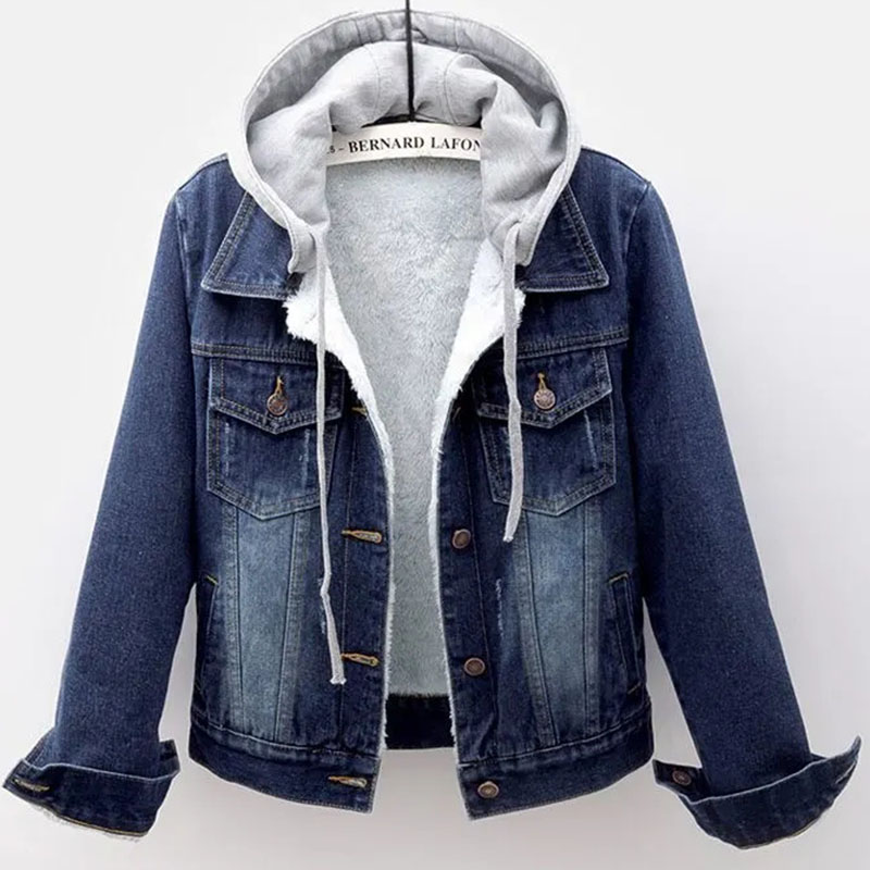 2023 Autumn Winter Women Denim Coats Veet Warm Thick Hooded Jeans Short Jacket Female Vintage Blue Cowboy Overcoat