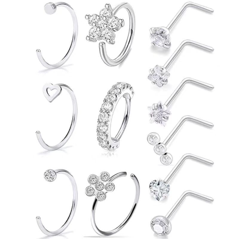 12-Piece Stainless Steel Body Piercing Jewelry Set - Nose Rings, L-Bars, Curved Bars & Studs With CZ Stones For Men & Women