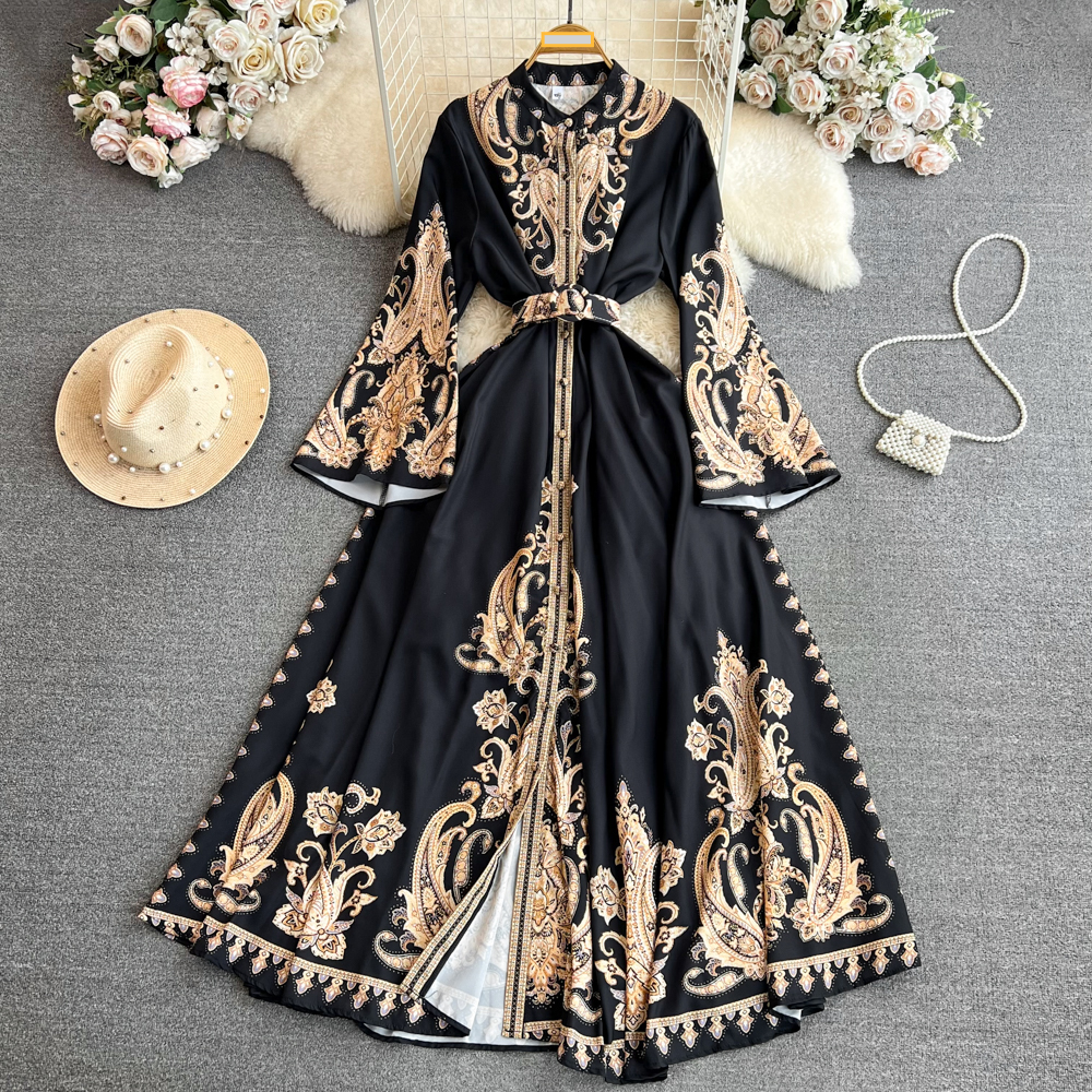Women's Clothing Retro palace style temperament trumpet long sleeve lapel waist single breasted a line positioning print dress dress for women
