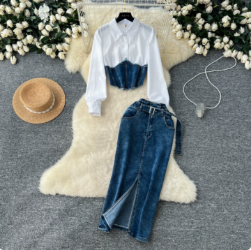 Women's Clothing Two Piece Long Sleeved Shirt Women's Belt Waist Denim Skirt Two Piece Suit