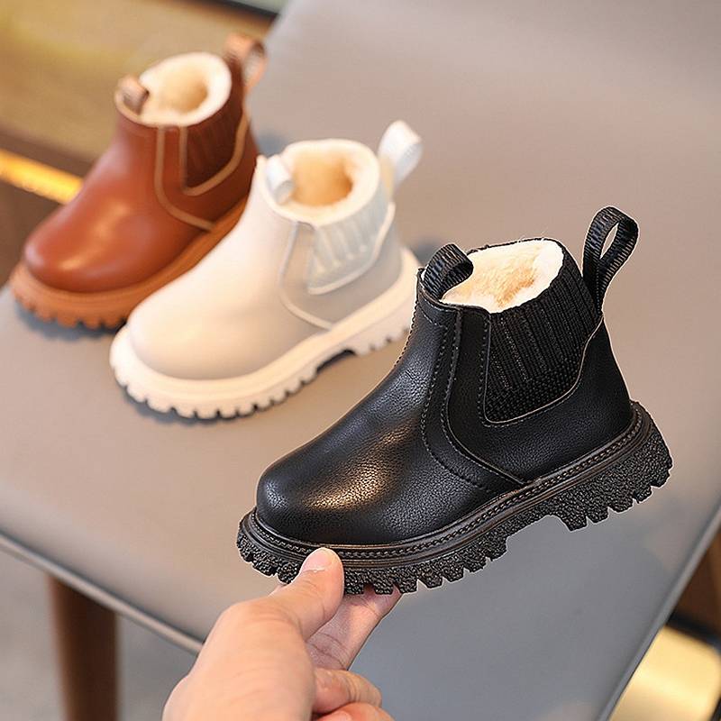 Autumn Winter Baby Fashion Boots with Plush for Boys Pu Leather Ankle Boots for Girls Short Boots Platform Kids Shoes X0012