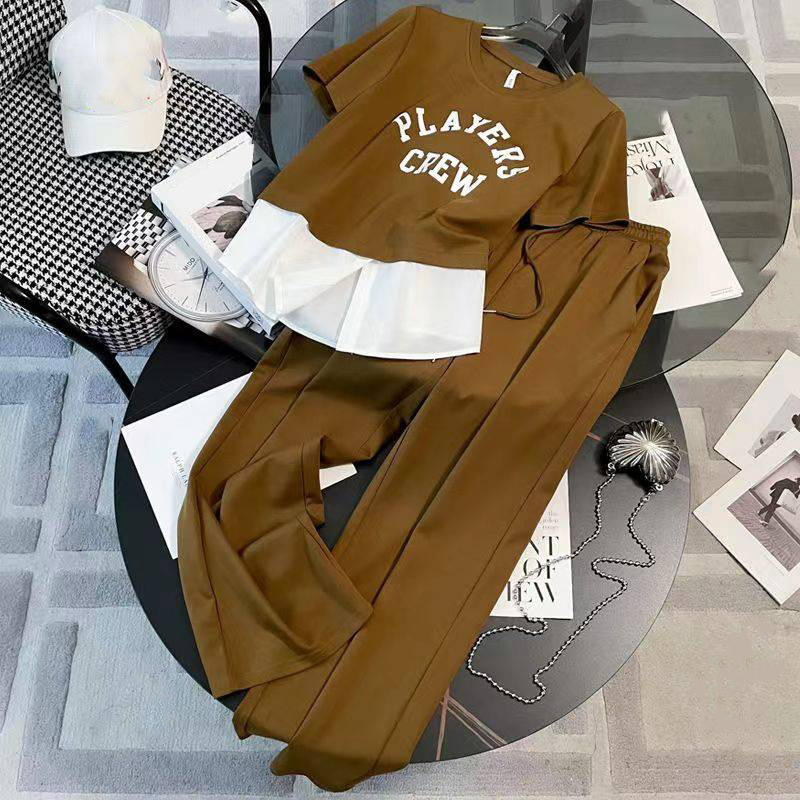 Women's summer 2024 new style stylish waist short sleeves two-piece wide-leg pants two-piece suit