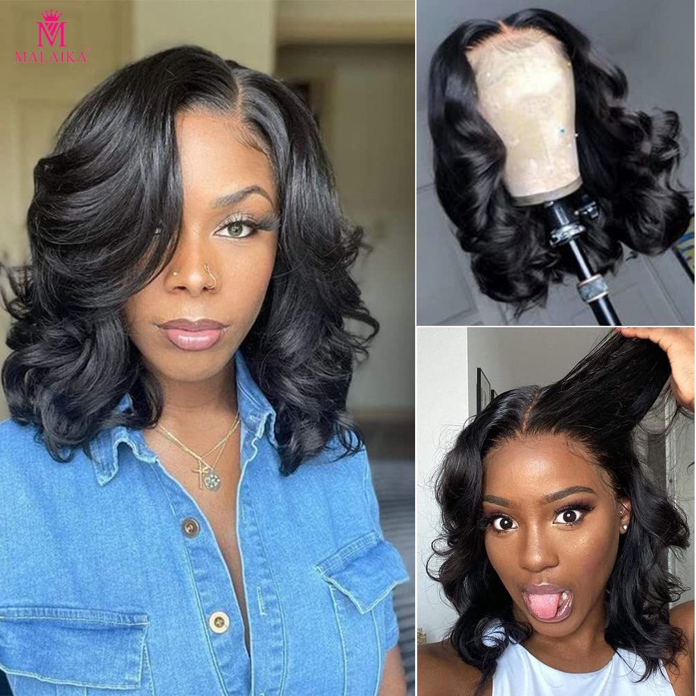 Short Bob Body Wig Human Hair 4X4 Body Wave Lace Front Wigs 180% Density Lace Frontal Wigs Human Hair Pre Plucked with Baby Hair Natural Black