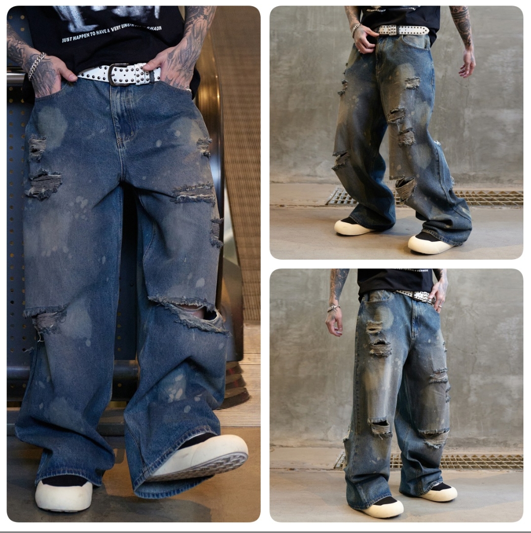 Men's Clothing [UrbanRebel] Men's Distressed Denim Jeans - Vintage Wash Wide Leg | Streetwear Baggy Pants