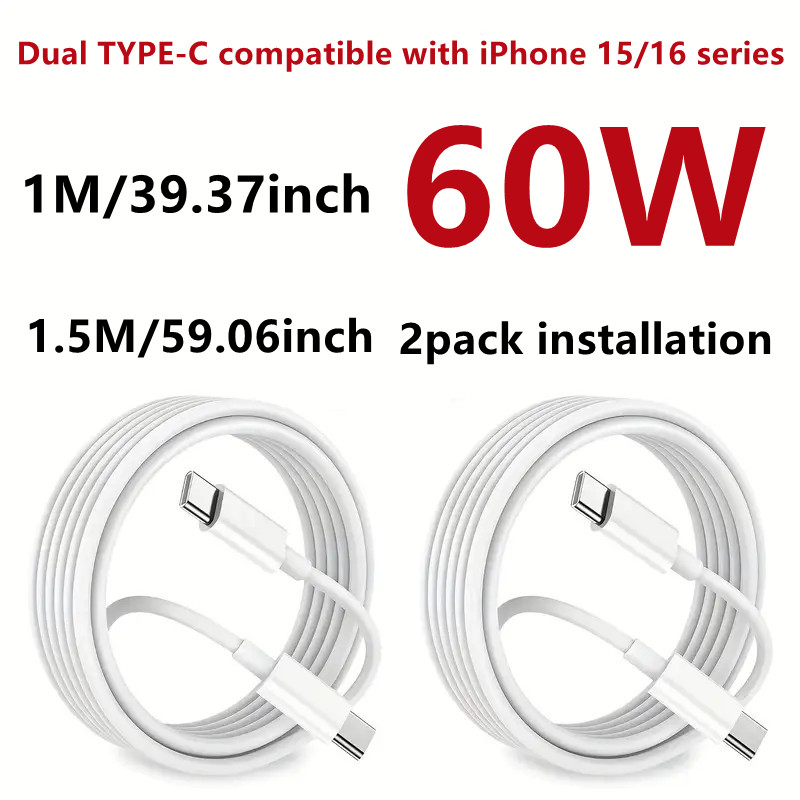 2pack 60W 3A Fast Charging USB C To C Cables, Suitable For IPhone 15/15 Pro/15 Pro Max, IPhone 16/16 Pro/16 Pro Max,
