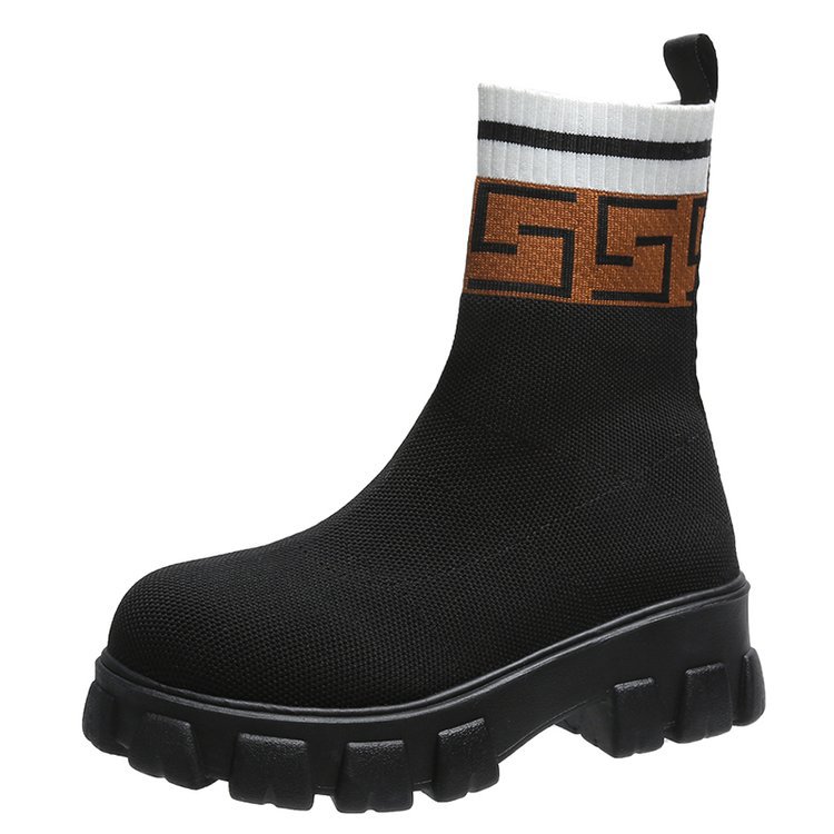 Fly Knitting Socks Boots Chimney Boots Women's Thick-soled Muffin Bottom Short Tube Breathable Short Tube Single Boots Large Size Martin Boots