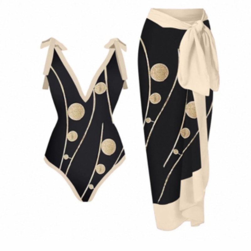 French Retro Print One-piece Swimsuit Women's Hot Spring Resort Beach Skirt Two-piece Swimsuit