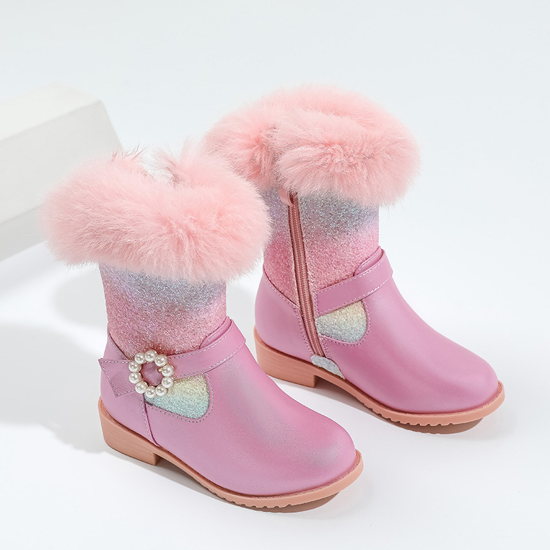 Kids' shoes Rainbow Princess Boots Autumn And Winter Plush Warm Snow Boots Little Girls Mid Boots