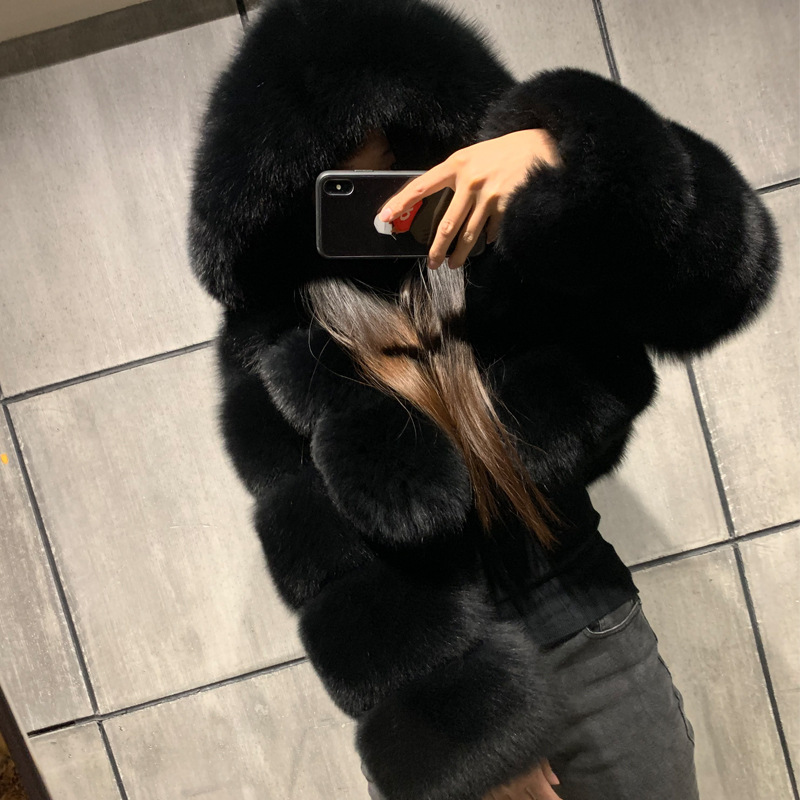 Women's Clothing Women's coat  fur coat short hooded fur coat fox fur long sleeve patchwork
