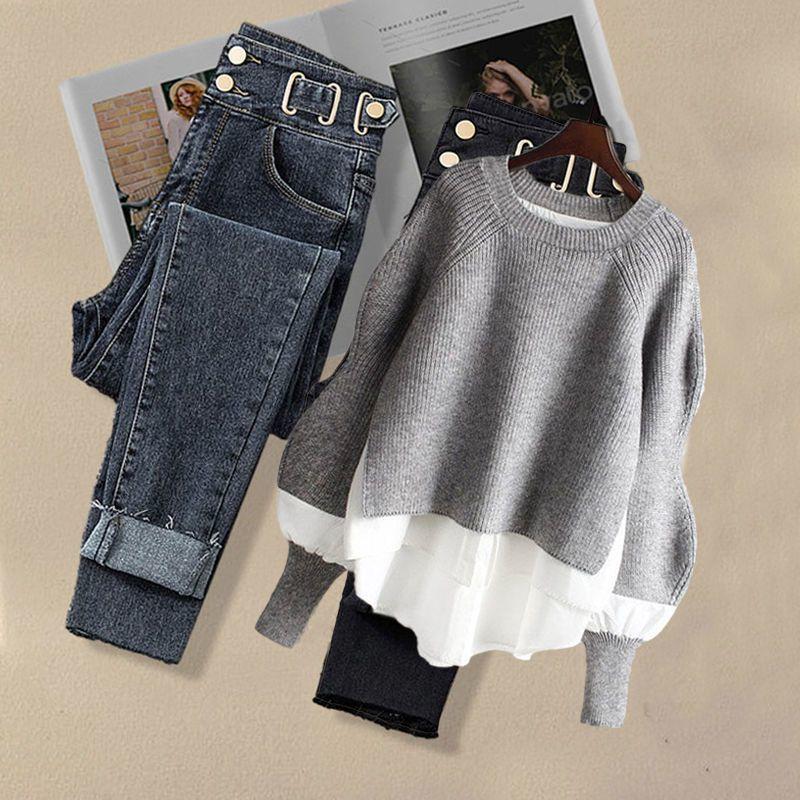 Women's Clothing New Style Outfit Design Two Piece Tops For Women With Jeans Two Piece Suit