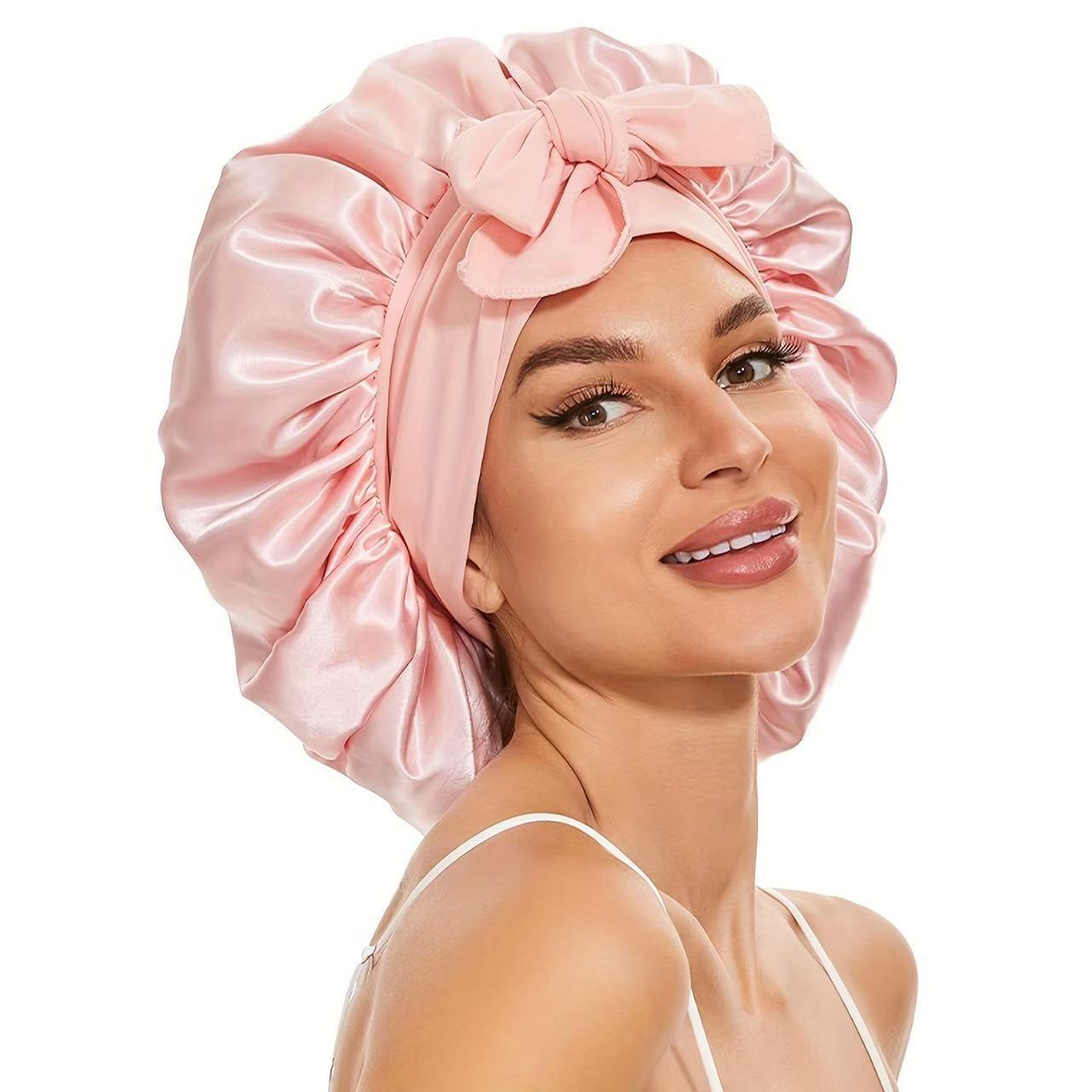 Elastic ribbon bow satin round hat solid color silk sleeping hat confinement hat beauty hair care