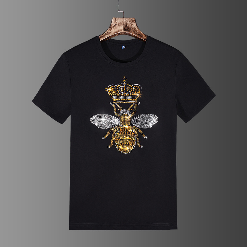Men's Clothing Hot diamond T-shirt men's 2024 summer new ice silk Roman ice cool heavy industry T-shirt spirited guy stretch bottoming shirt