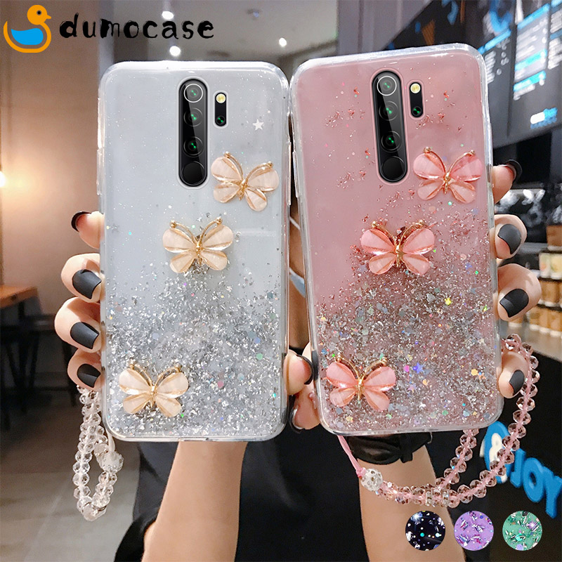 Bling Butterfly Glitter Lanyard Silicone Phone Case for Xiaomi Redmi 9C 9A Note11 10 9 8 Pro Poco M3 X3 M4 Pro Shiny Cov