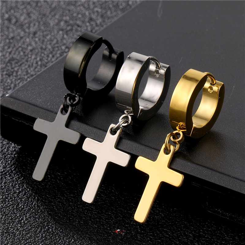 Punk Cross Stainless Steel Stud Hoop Earrings For Men Women Gothic Street Pop Hip Hop Ear Jewelry