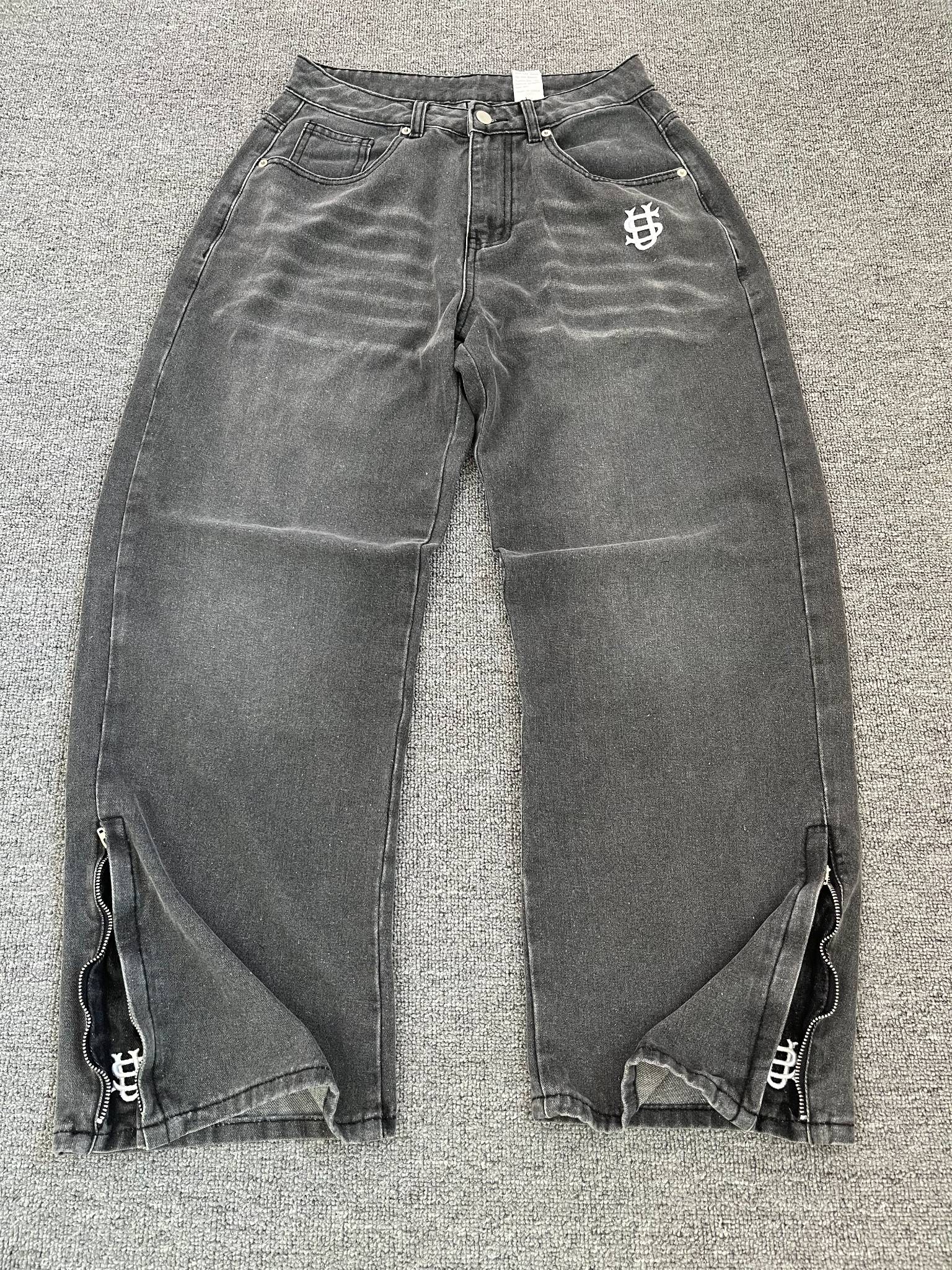 Men's Vintage Wash Jeans - Straight Leg Denim With Embroidered Details, Retro Streetwear Pants