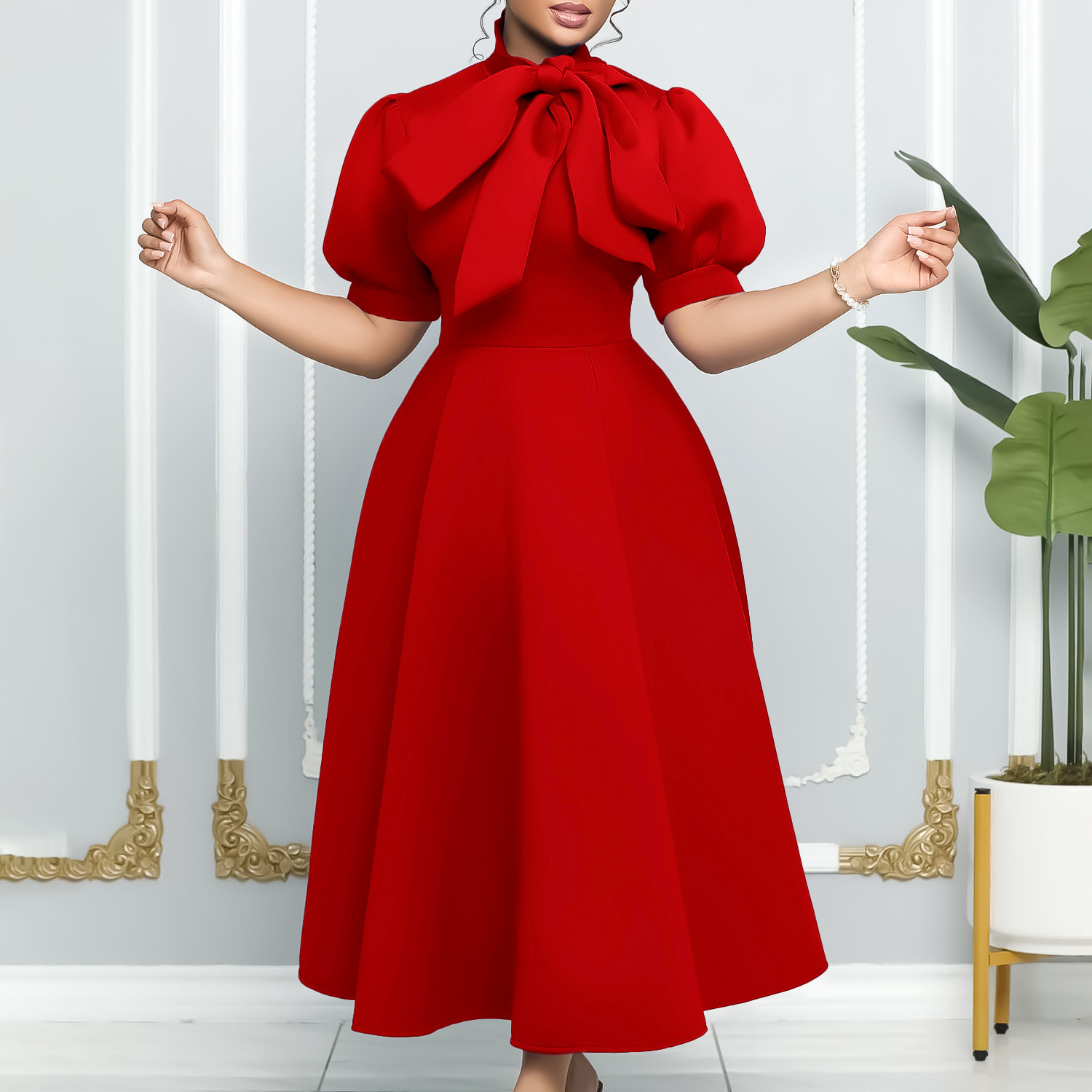 New European and American cross border short sleeved lace up bow puffy banquet dress European and American dress