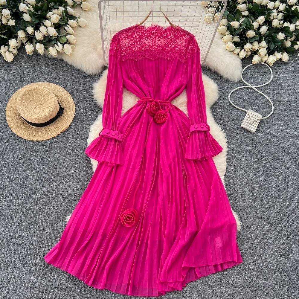 Women's ClothingHigh grade niche elegant dress for women autumn new style tie waist lace splicing trumpet sleeve pleated long skirt