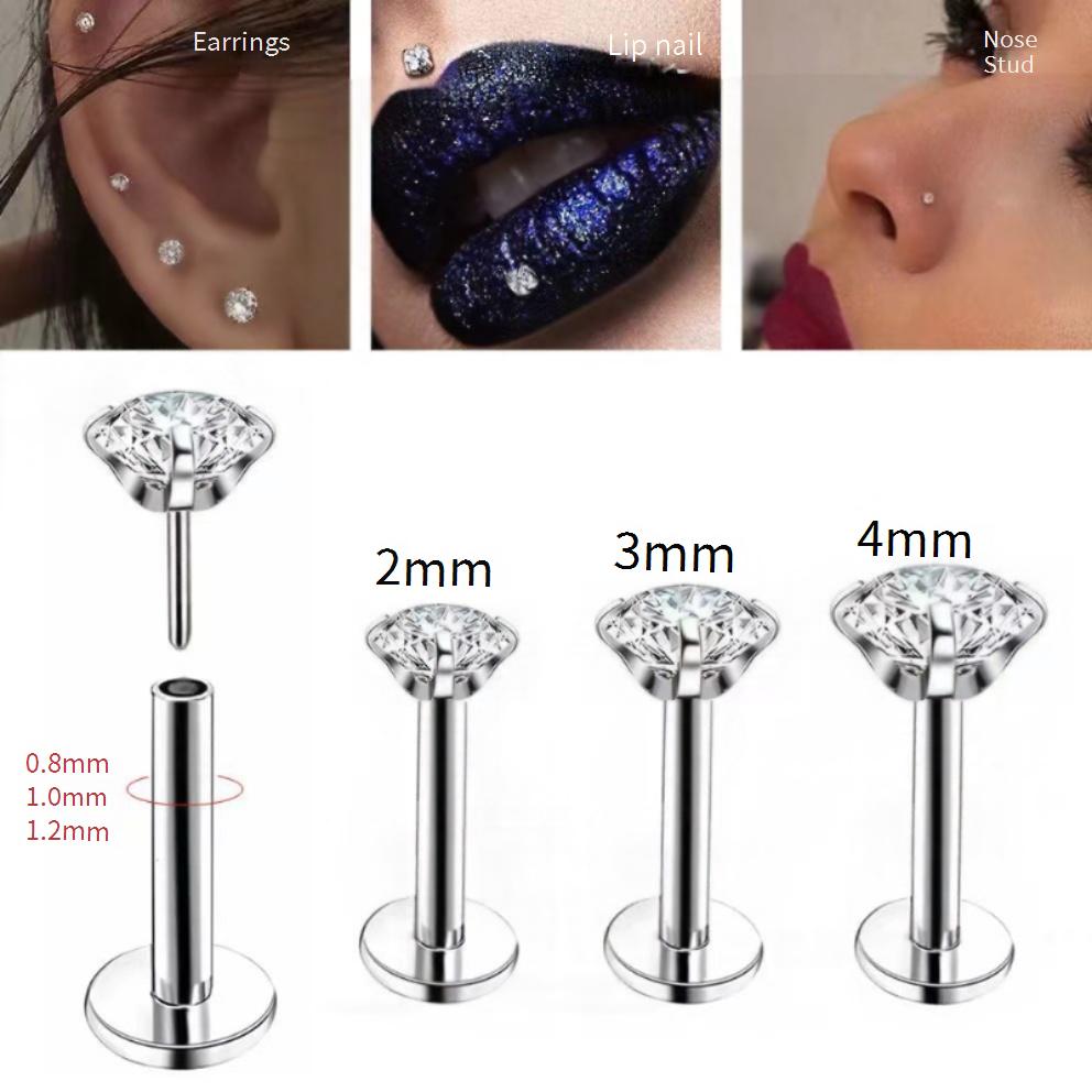 Women's Jewelry Inner Rod Lip Studs Nose Studs Ear Studs Stainless Steel Four Claw Zircon Piercing Jewelry
