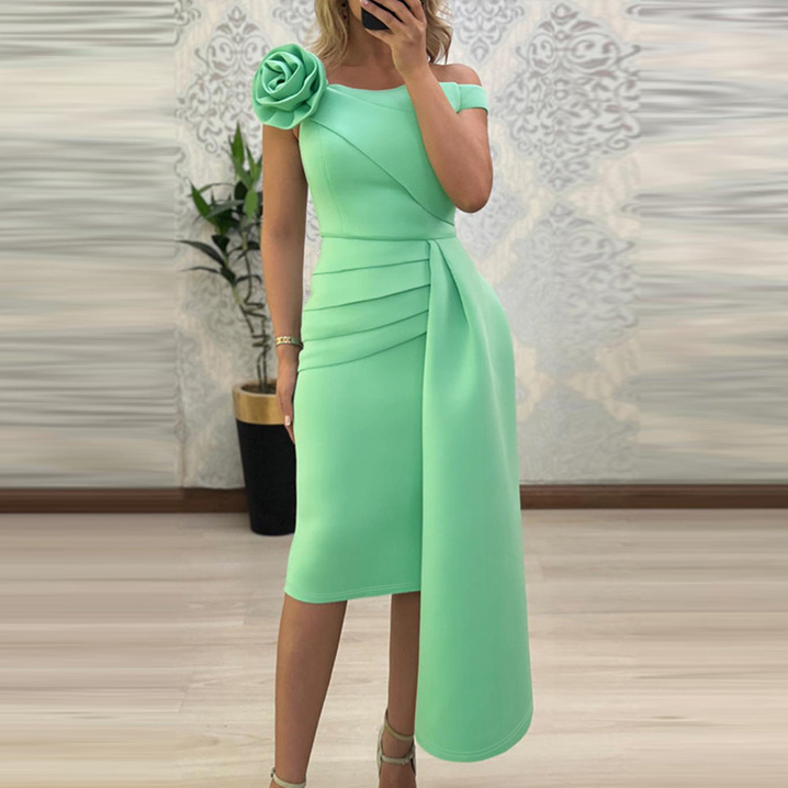 Damenbekleidung Damen Mintgrünes One-Shoulder-Kleid mit dreidimensionaler Blumendekoration, asymmetrischer Plissee-LZR17440
