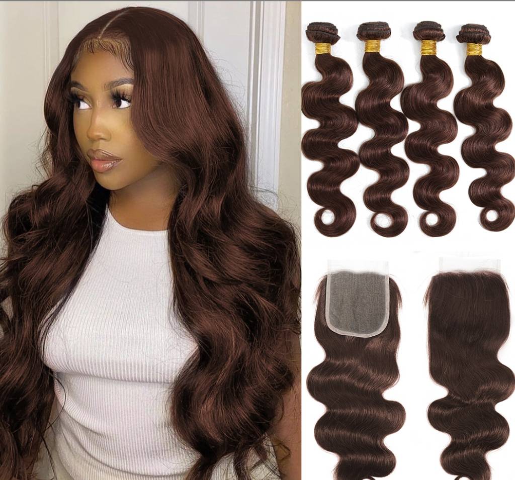 Colored Bundles With Closure Body Wave  Human Hair Weave Bundles With HD Lace Closure Ombre Brown Extensions For Women