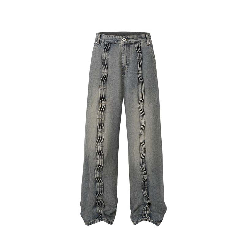 Men's Clothing American high street ribbon wave niche design jeans men's fashion brand loose washed distressed wide leg trousers