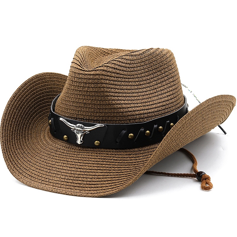 Unisex Cow's head belt Straw Hat Western cowboy top hat Collapsible ethnic wind straw hat