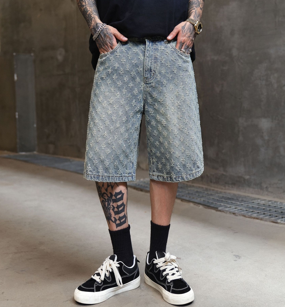 [UrbanRebel] Men's Distressed Jacquard Shorts - Vintage Washed 5' Denim | Streetwear Casual