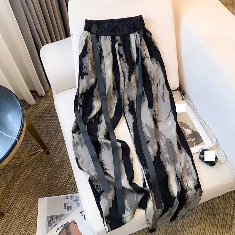 Women's clothing new national style spring and summer new ice silk chiffon wide-leg pants female ins casual ribbon drape straight mopping pants