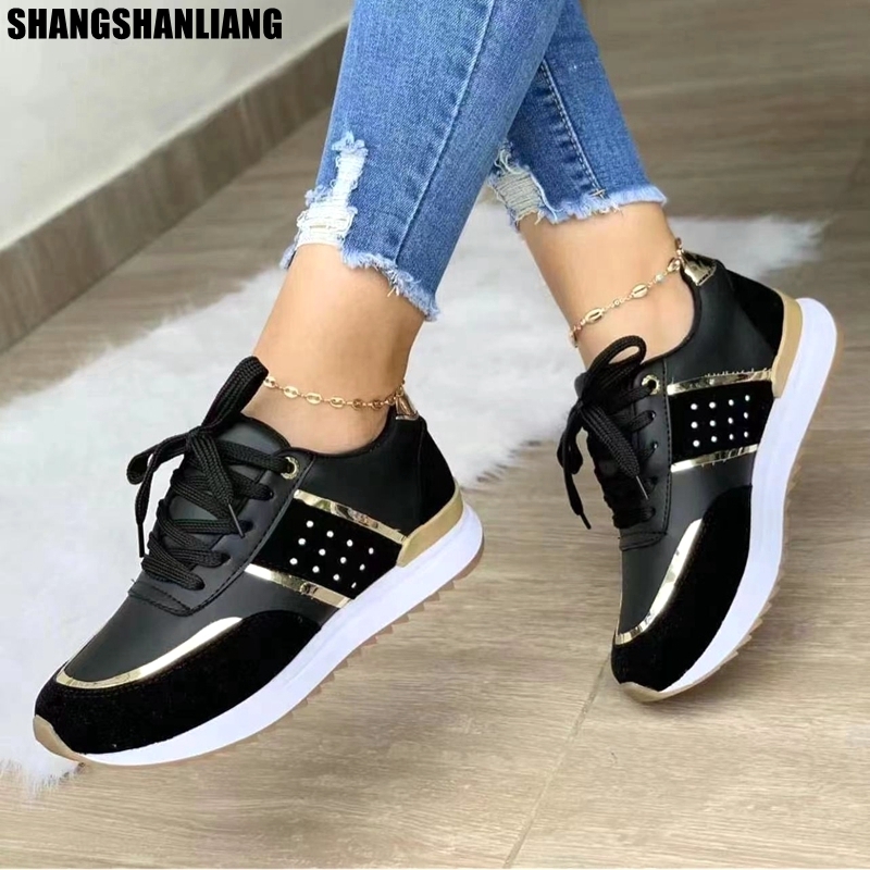 SHLIANG Sneakers Women Platform Shoes Leather Patchwork woman Casual shoes Sport Shoes Ladies Outdoor Running Vulcanized Shoes S0029