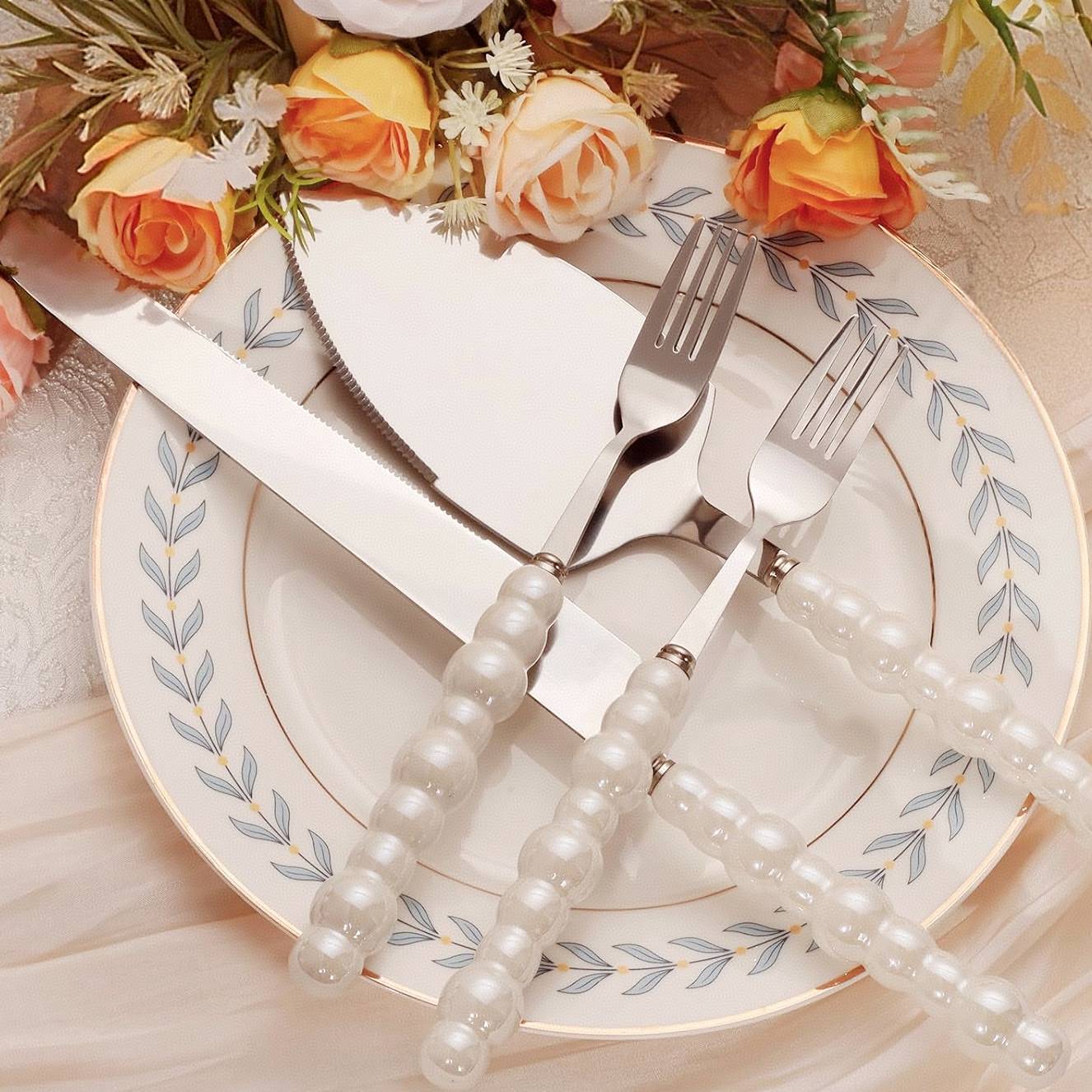 4pcs/5pcs Ceramic Pearl Wedding Cake Knife And Server Set With Forks, Cake Cutting Set,Dinnerware Set Tableware Set Flatware Set