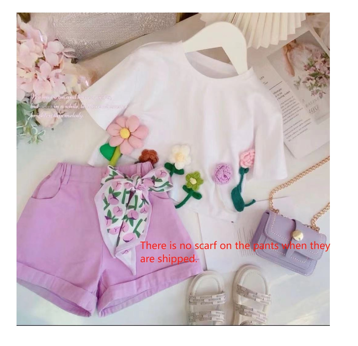 Mother & Kids Children's Clothing Summer 2024 New Girls' Stylish Sweet Three-dimensional Flower Short-sleeved Ribbon Violet Shorts Two-piece Suit