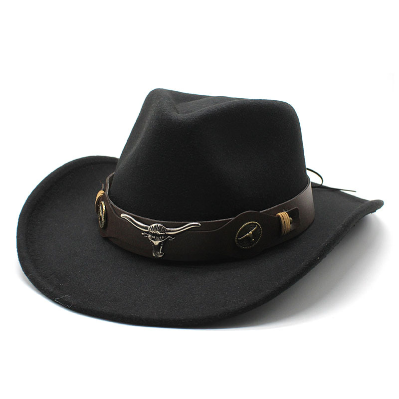 Hot Selling 2024 New Cow Head Western Cowboy Hat Woolen Jazz Top Hat Men and Women Spring Felt Hat Big Brimmed Hat