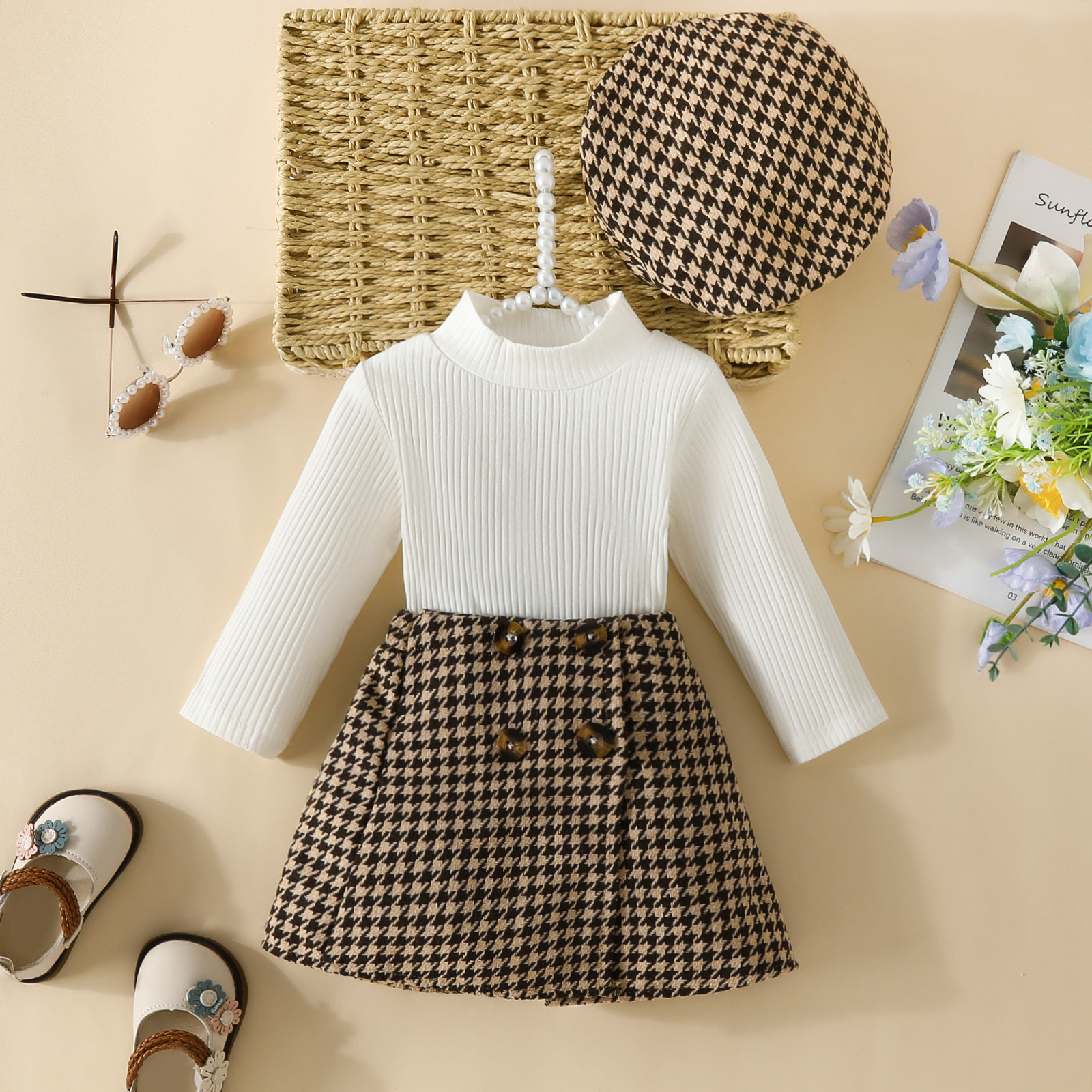 Babies' clothes Baby Long Sleeve Top Dress Set Baby Girl Long Sleeve Solid Color Pit Top + Houndstooth Skirt + Beret