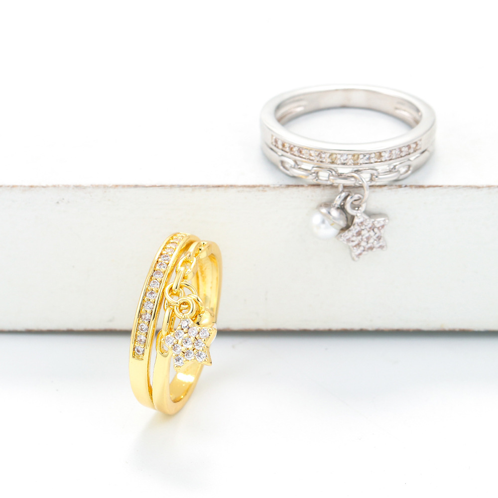 Star ring for women, double layer five pointed star open ring with diamonds, personalized fashion hand jewelry