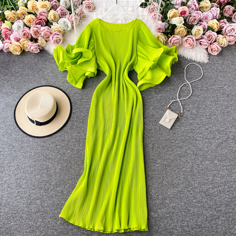 Women's Clothing Fairy Style Ruffled Large Trumpet Sleeve Pleated Dress Floor Length Large Hem A Line Skirt