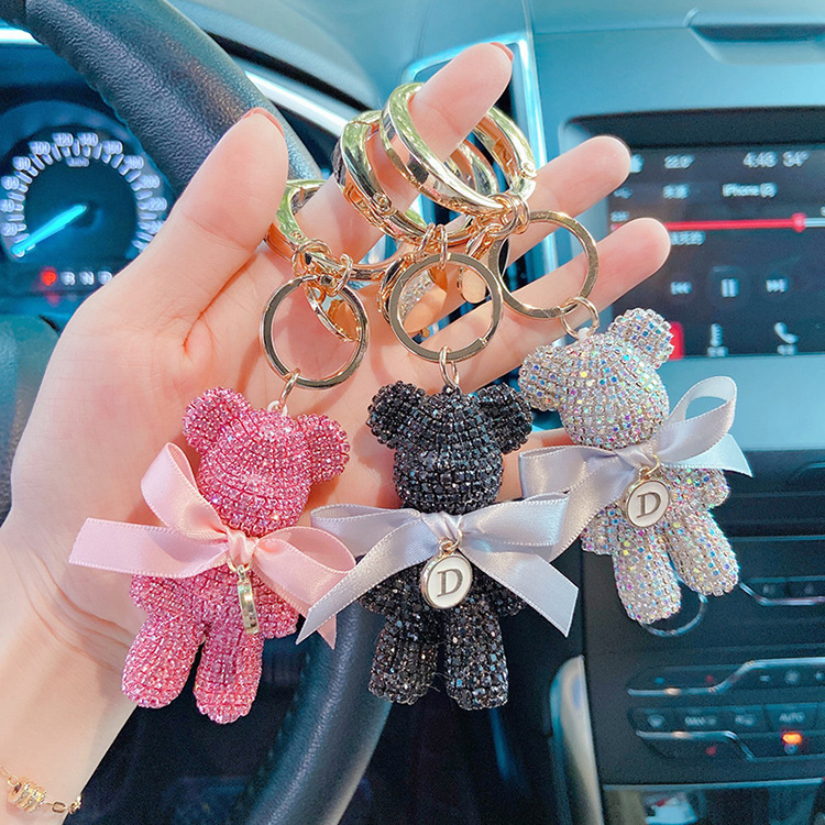 Bag Parts & Accessories Fashion Full Diamond Medium Violent Bear Car Keychain Creative Letter Big Round Buckle Keychain Bag Pendant Doll Female